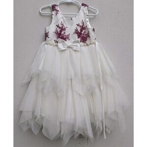 Couture Princess Tulle Sleeveless Formal Dress Girls Burgundy Ivory Bow Size 3T